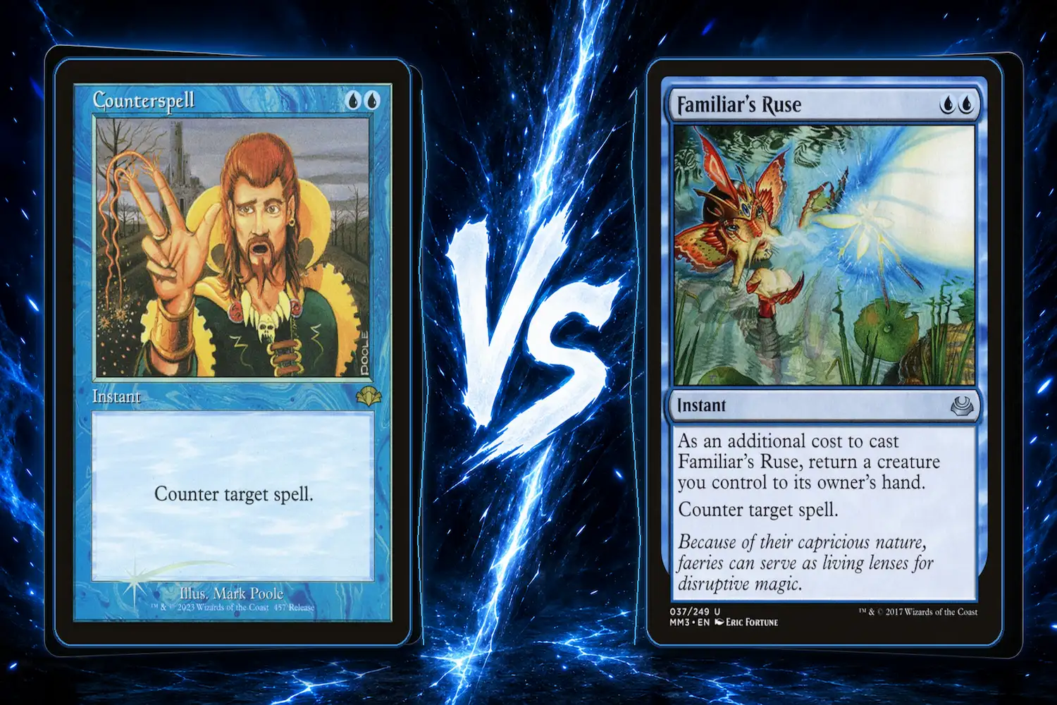 A side-by-side comparison of the Magic cards Counterspell and Familiar's Ruse.