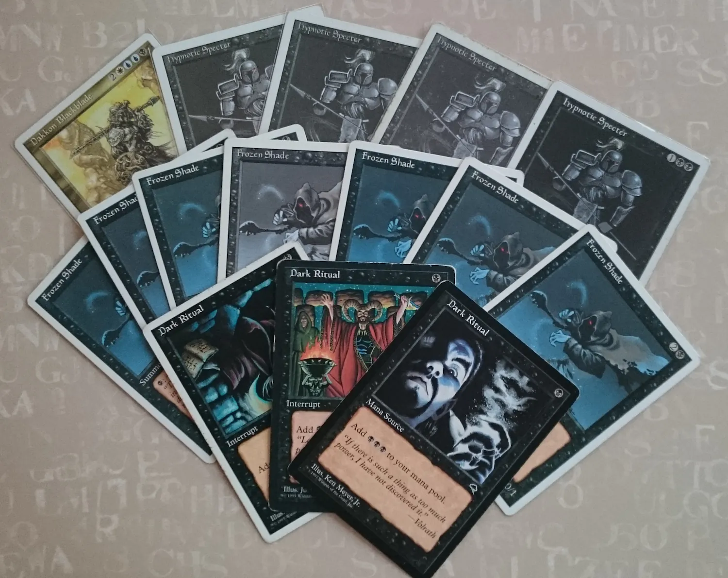 A pack of 15 cards featuring Hypnotic Specter, Frozen Shade, and Dark Ritual